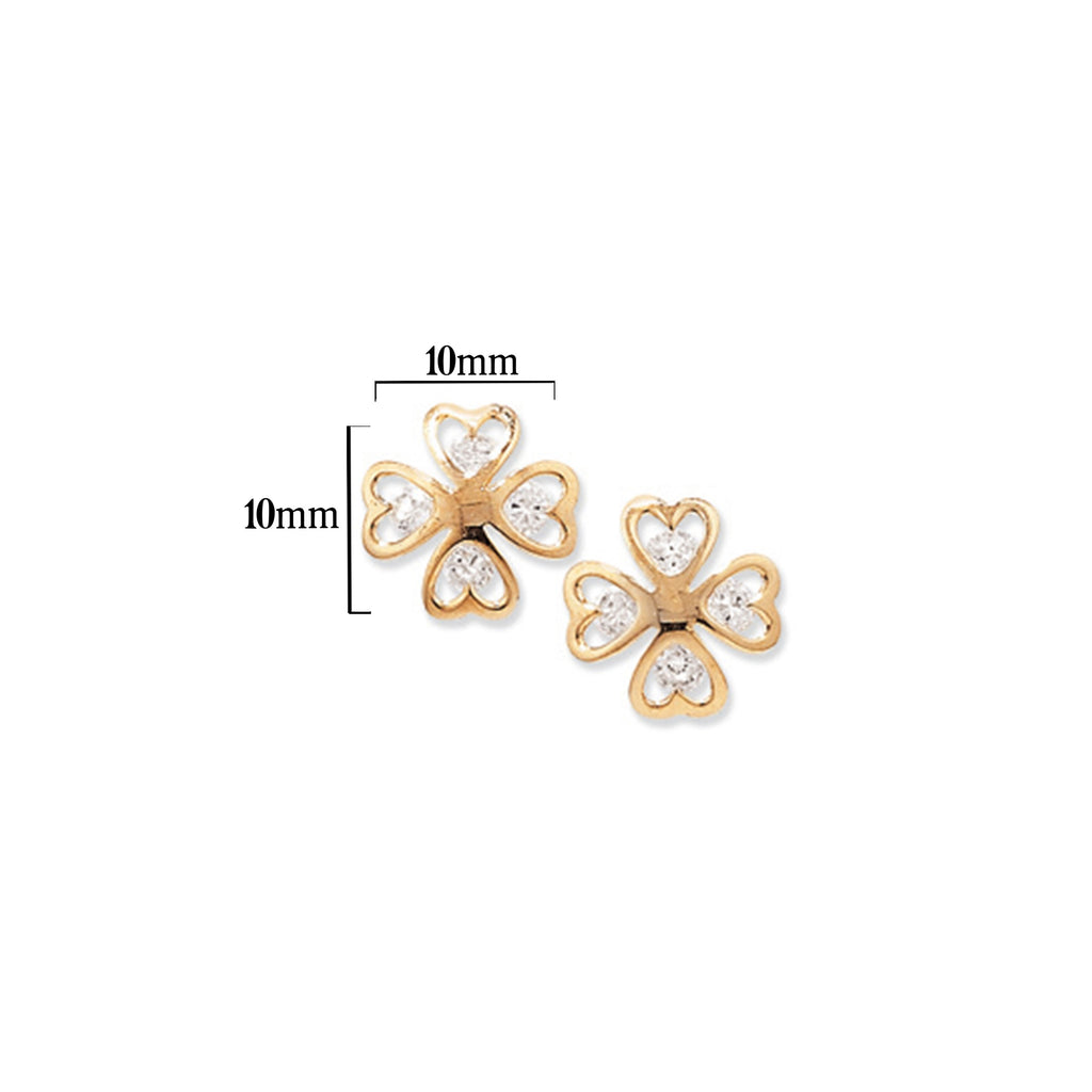 9ct Gold Shamrock Stud Earrings with Cubic Zirconia - Hypoallergenic 9ct Gold Jewellery for Ladies - 10mm * 10mm