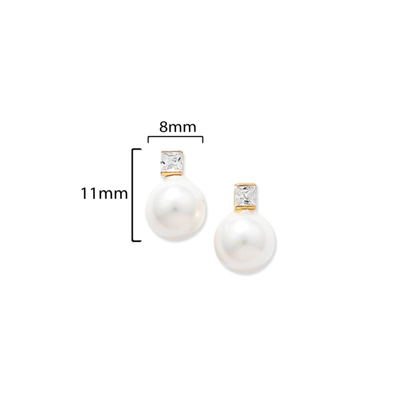 9ct Gold Stud Earrings Set with Synthetic Pearl - Hypoallergenic 9ct Gold Earrings for Women - 11mm * 8mm