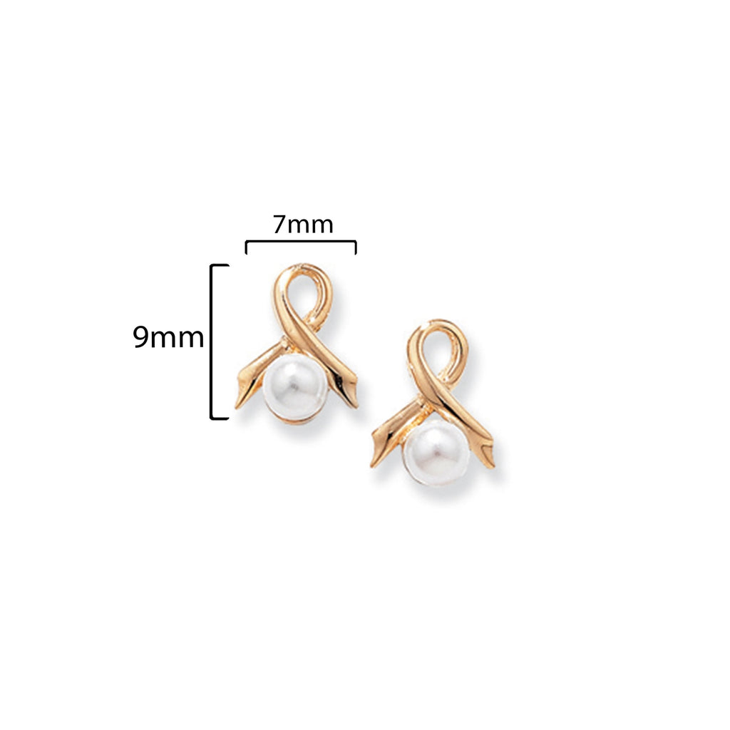 9ct Gold Ribbon Stud Earrings with Fresh Water Pearl - Hypoallergenic 9ct Gold Jewellery for Ladies - 9mm * 7mm