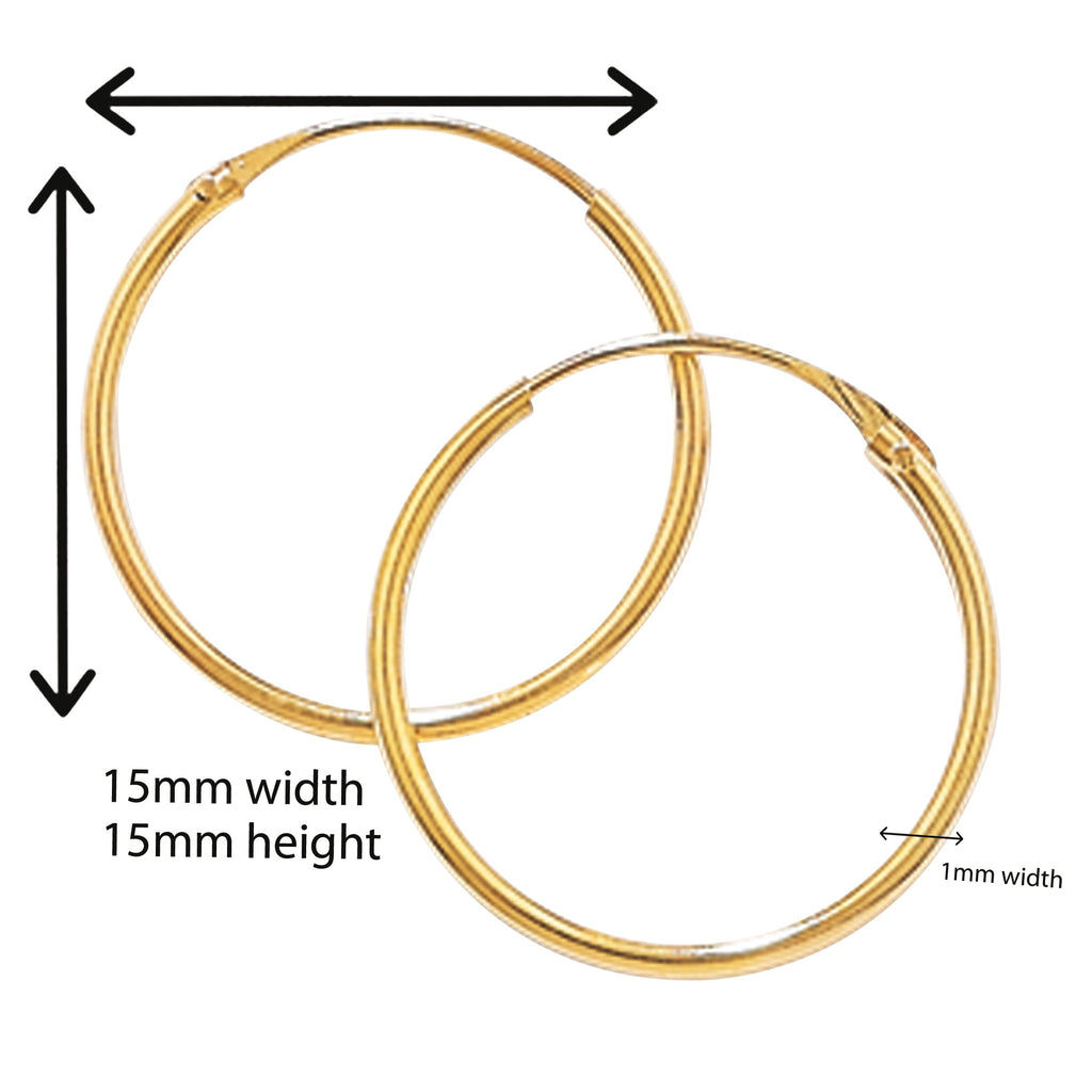 9ct Gold Hoop Earrings.  15mm*15mm.  Hypoallergenic 9ct Gold Jewellery for women.