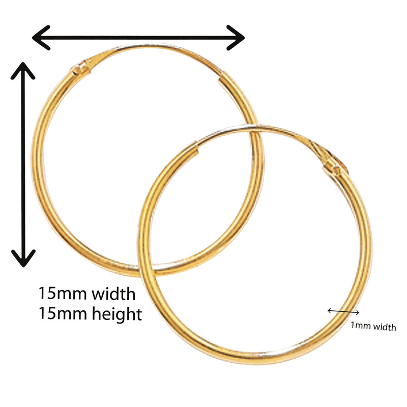 9ct Gold Hoop Earrings.  15mm*15mm.  Hypoallergenic 9ct Gold Jewellery for women.