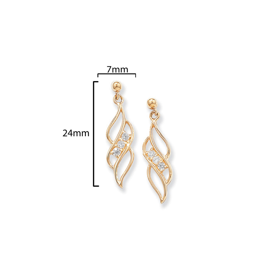 9ct Gold Drop Twirl Earrings with Cubic Zirconia - Hypoallergenic 9ct Gold Jewellery for Ladies by Aeon- 24mm * 7mm