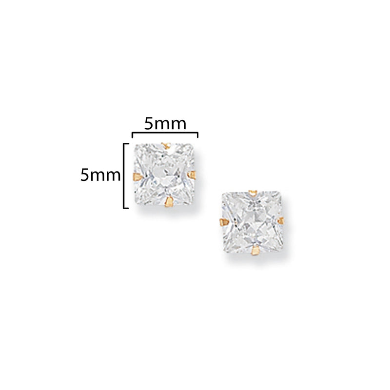 9ct Gold Square Cubic Zirconia Stud Earrings - Hypoallergenic 9ct Gold Jewellery for Ladies - 5mm * 5mm