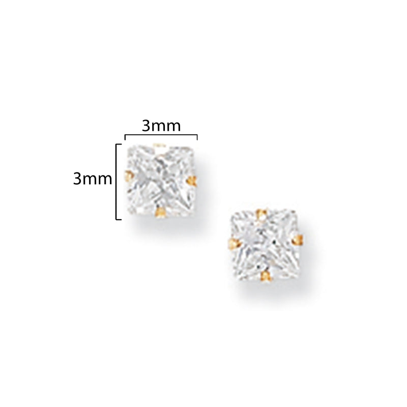 9ct Gold Square  Stud Earrings - Hypoallergenic 9ct Gold Jewellery for Ladies - 3mm * 3mm