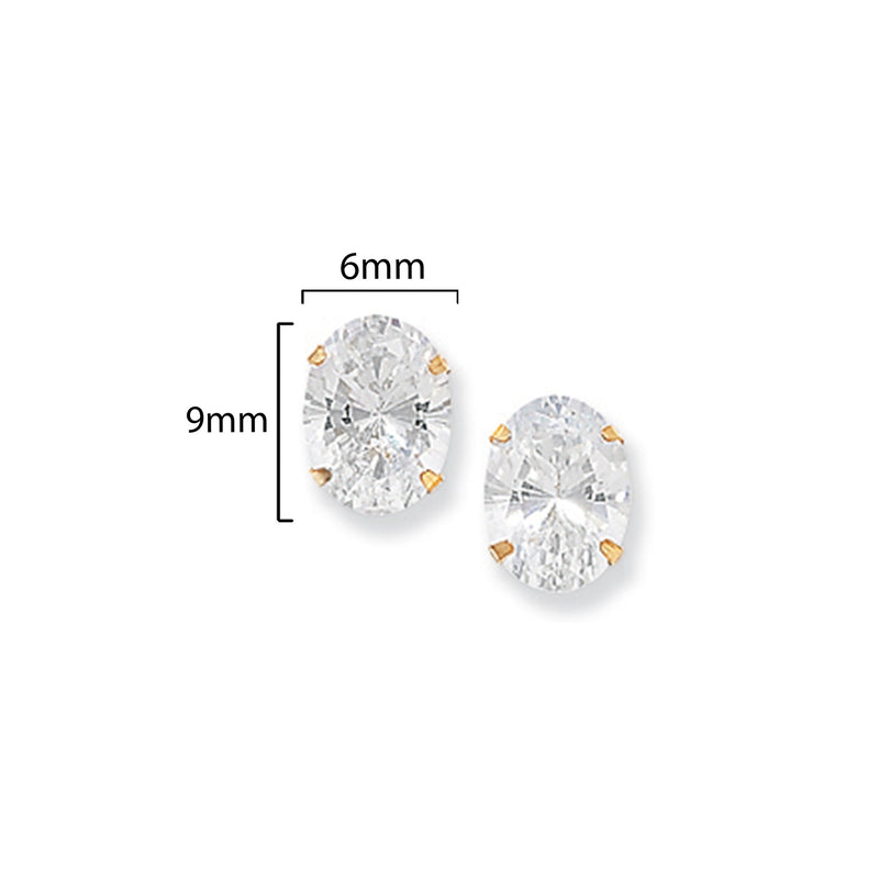 9ct Gold Oval Cubic Zirconia Stud Earrings - Hypoallergenic 9ct Gold Jewellery for Ladies - 9mm * 6mm