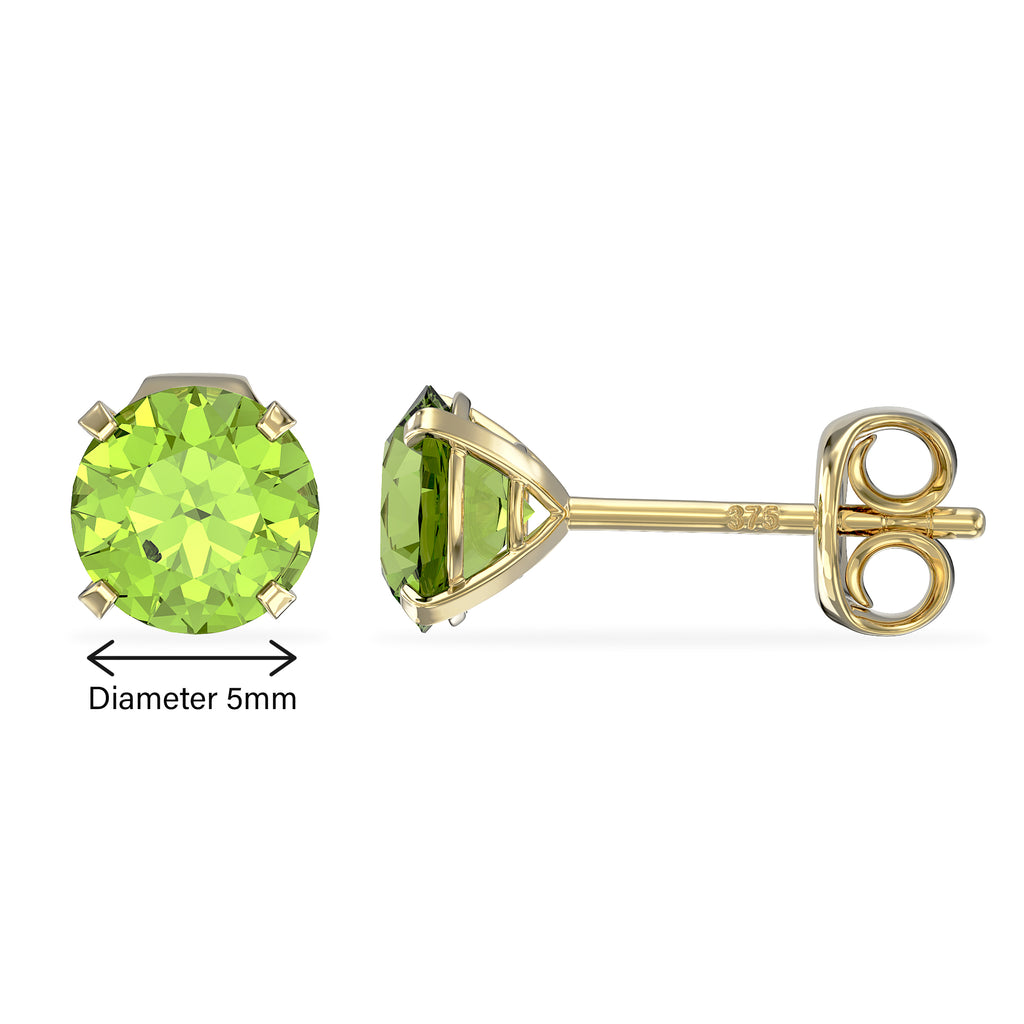 9ct Gold August Birthstone Stud Earrings for Women Girls. Olive Green. Hypoallergenic Jewellery For Women