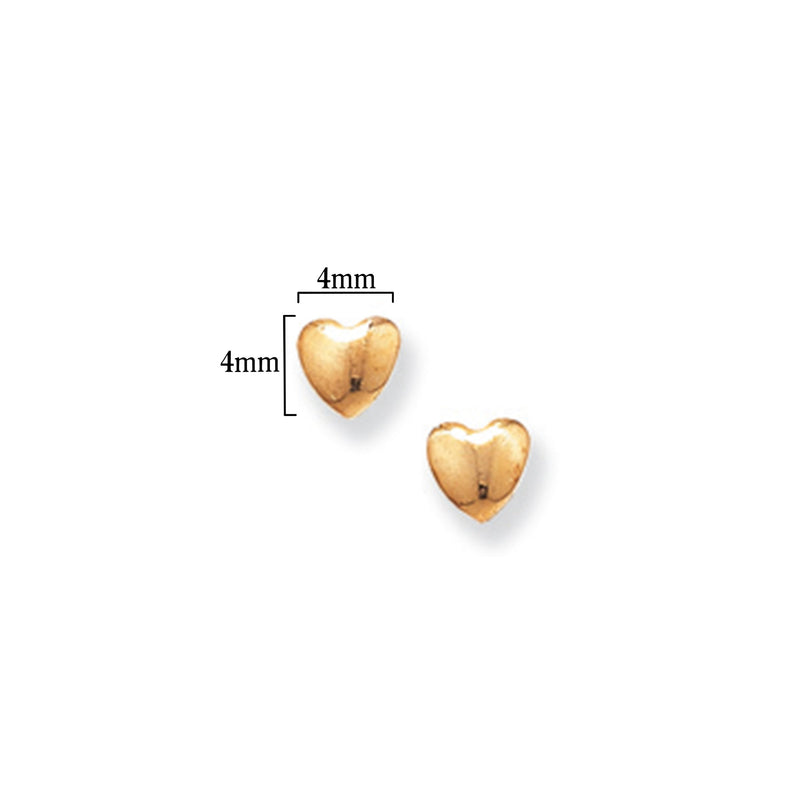 9ct Gold Heart Stud Earrings - Hypoallergenic 9ct Gold Jewellery for Ladies - 4mm * 4mm