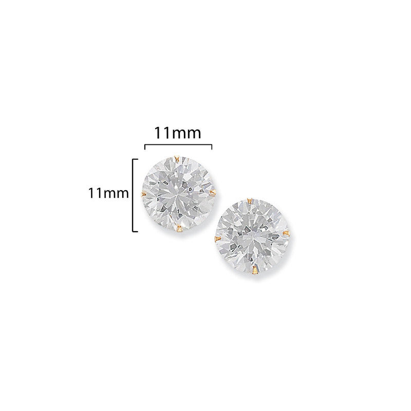 9ct Gold Round Cubic Zirconia Stud Earrings - Hypoallergenic 9ct Gold Jewellery for Ladies - 11mm * 11mm