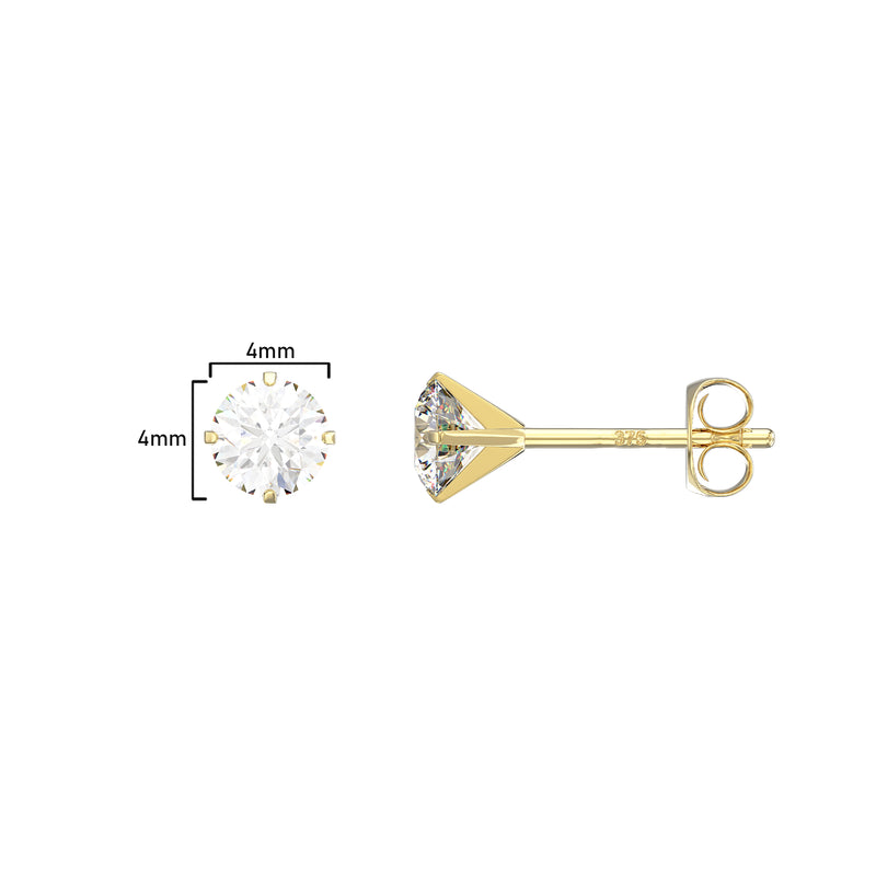 9ct Gold Round Cubic Zirconia Stud Earrings - Hypoallergenic 9ct Gold 4mm * 4mm