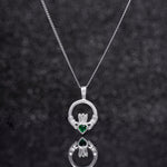 Sterling Silver Claddagh Necklace with Green Cubic Zirconia -  Hypoallergenic Jewellery for Ladies - 20mm * 12mm