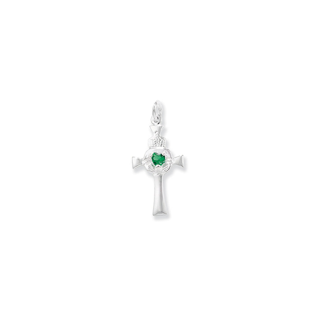 Sterling Silver Claddagh Cross Necklace with Emerald Green Cubic Zirconia -  Hypoallergenic Jewellery for Ladies - 25mm * 11mm