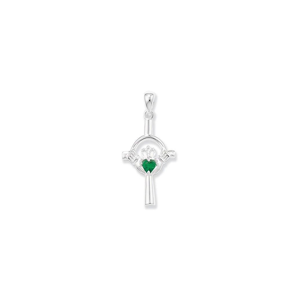 Sterling Silver Claddagh Cross Necklace with Emerald Green -  Hypoallergenic Jewellery for Ladies - 36mm * 2.50mm