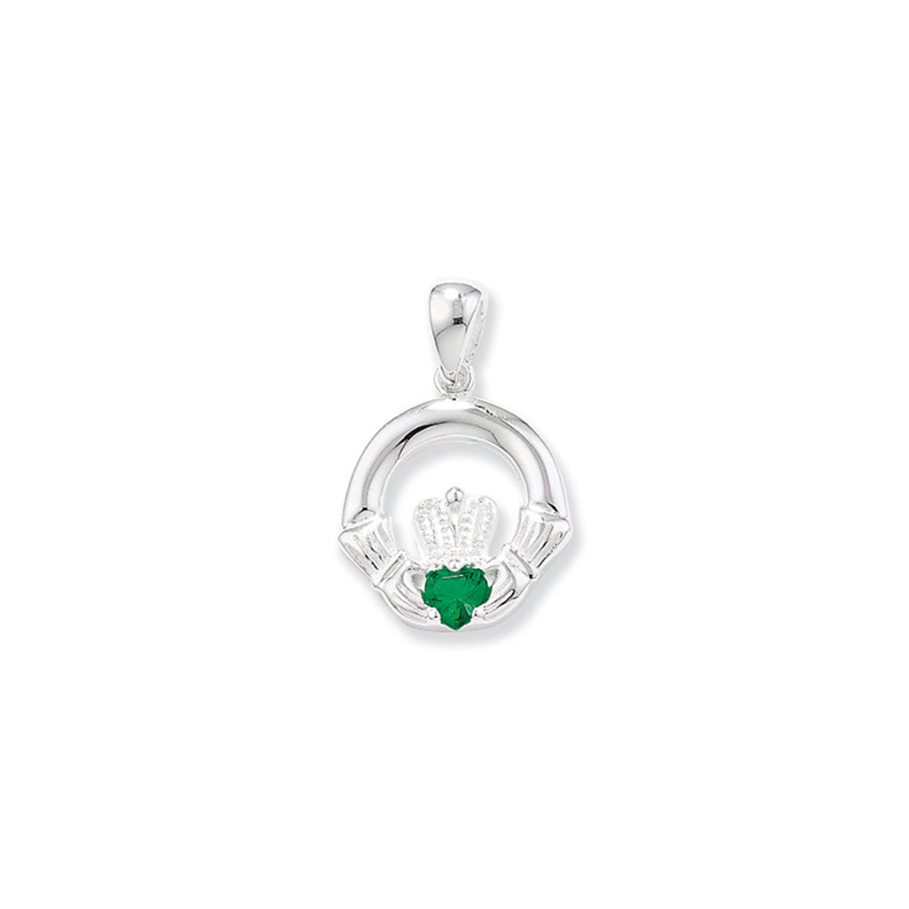 Sterling Silver Claddagh Necklace with Emerald Green Stone -  Hypoallergenic Jewellery for Ladies - 24mm * 16mm
