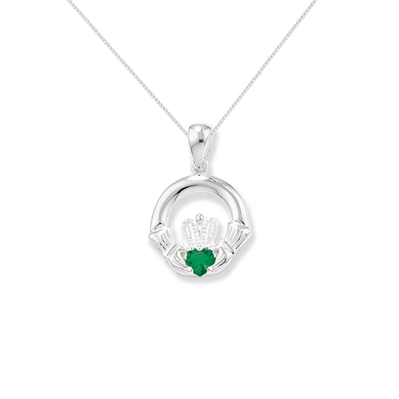 Sterling Silver Claddagh Necklace with Emerald Green Stone -  Hypoallergenic Jewellery for Ladies - 24mm * 16mm