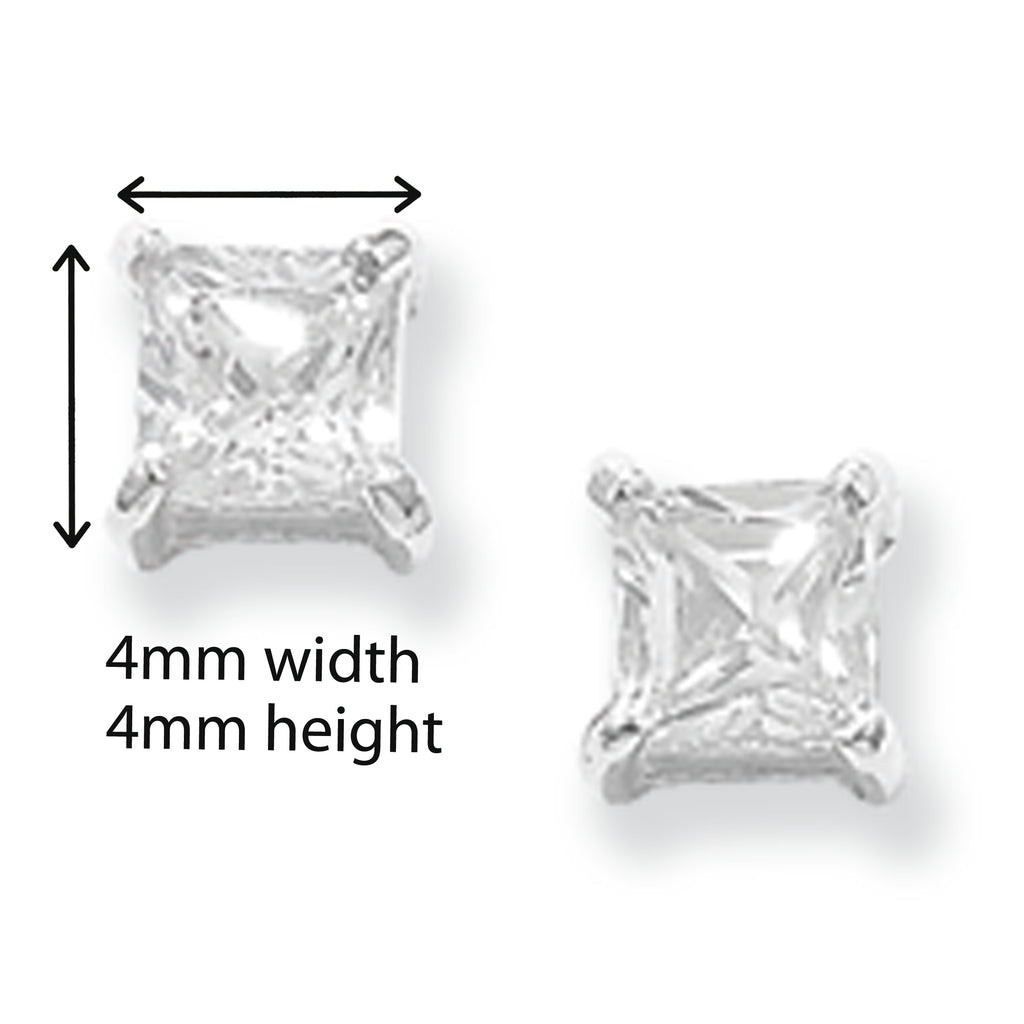 Sterling Silver Cubic Zirconia Square Stud Earrings.  Hypoallergenic Sterling Silver Earrings For Women