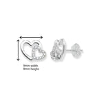 Sterling Silver Heart Double Earrings Studs with Cubic Zirconia.   Hypoallergenic Sterling Silver Earrings for women