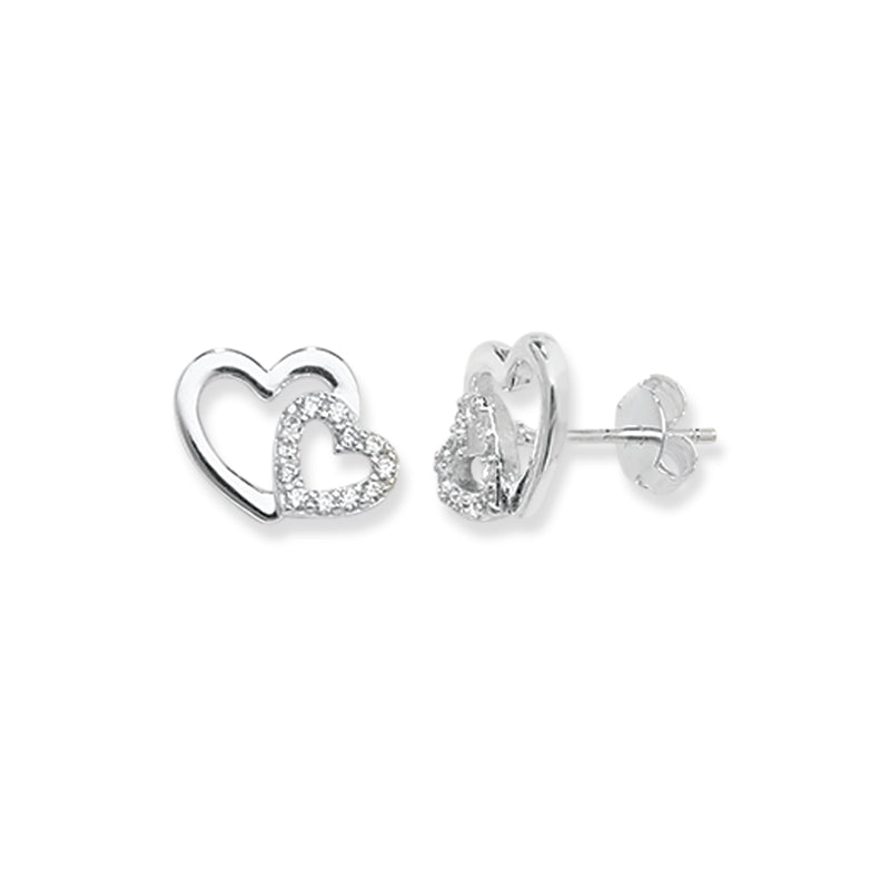 Sterling Silver Heart Double Earrings Studs with Cubic Zirconia.   Hypoallergenic Sterling Silver Earrings for women