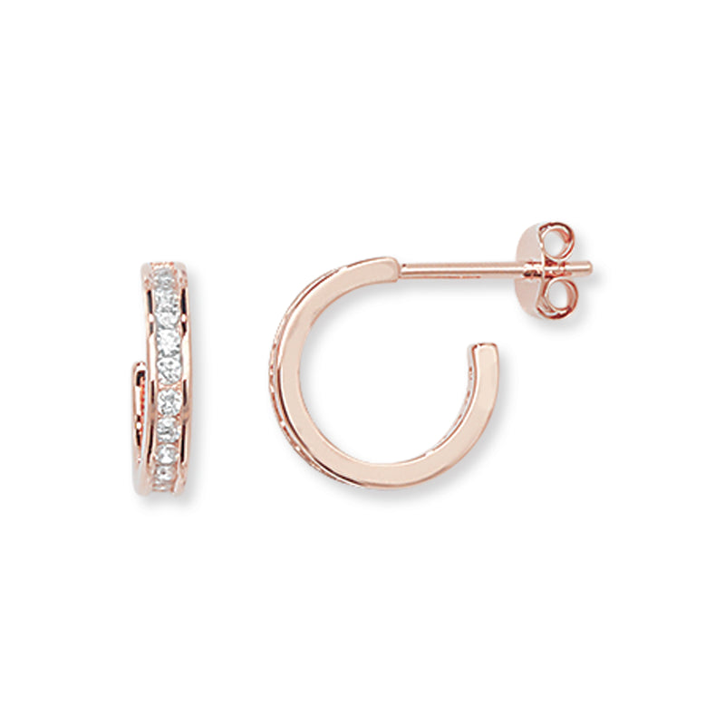 Sterling Silver Rose Gold Plated Cubic Zirconia Half Hoop Earrings.  Hypoallergenic Ladies Jewellery by Aeon