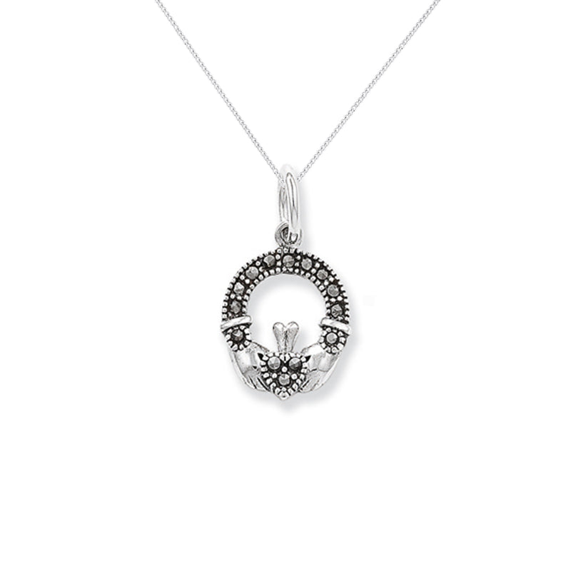 Sterling Silver Claddagh Marcasite Necklace -  Hypoallergenic Jewellery for Ladies - 20mm * 11mm