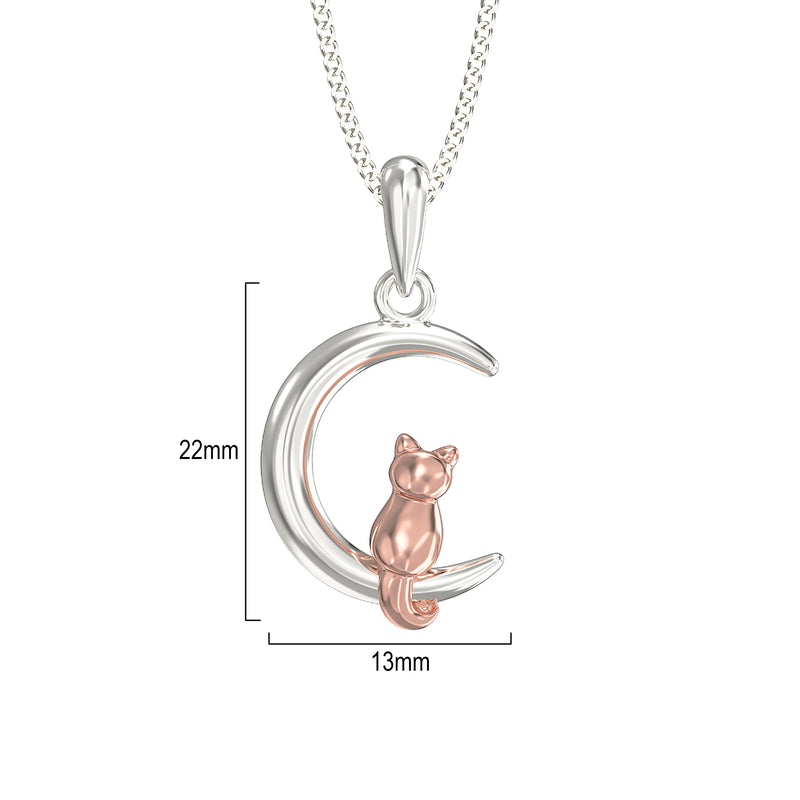 Sterling Silver Cat and Moon Necklace Pendant on Adjustable 925 Silver Chain