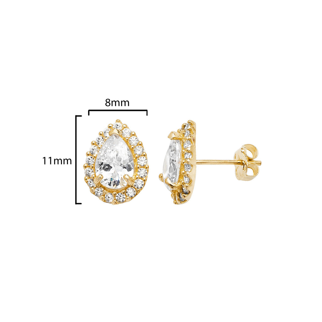 9ct Gold Teardrop Stud Earrings with White Cubic Zirconia - Hypoallergenic 9ct Gold Jewellery for Ladies by Aeon - 11mm * 8mm