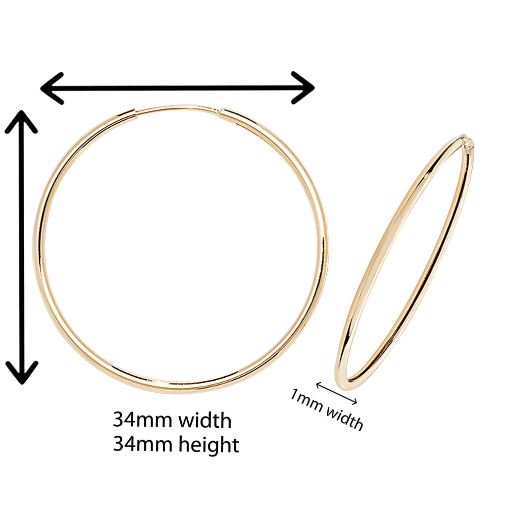 9ct Gold hoop Earrings.  34mm*34mm.  Hypoallergenic 9ct Gold Jewellery for women.