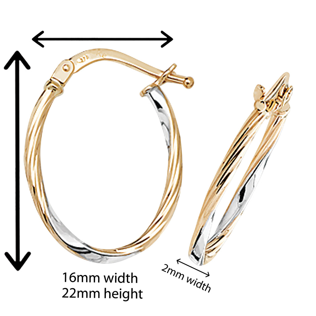 9ct Gold Two Tone Oval Hoop Earrings.  22mm*16mm.  Hypoallergenic 9ct Gold Jewellery for women.