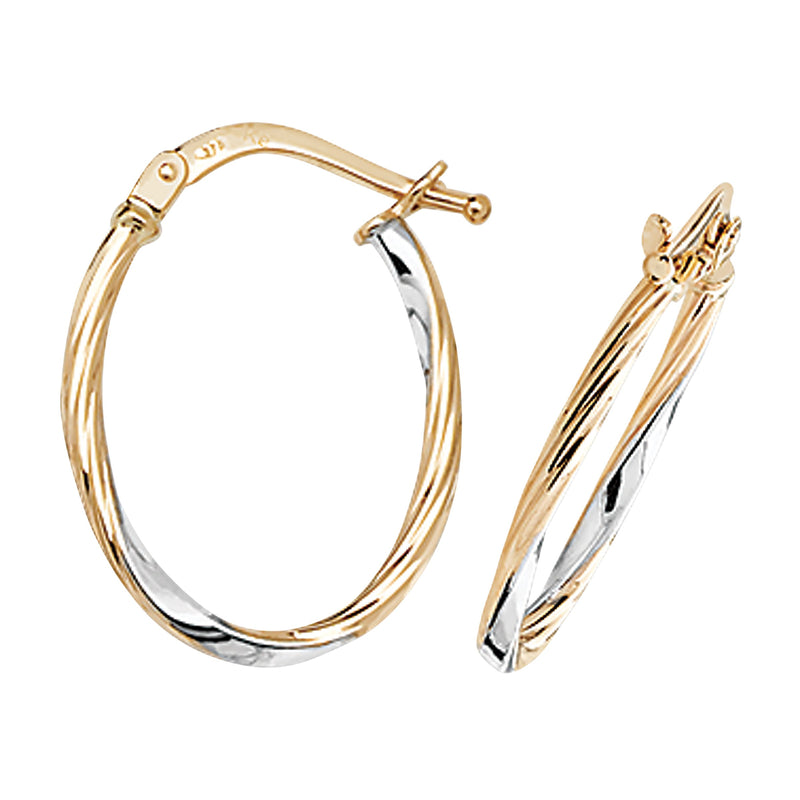 9ct Gold Two Tone Oval Hoop Earrings.  22mm*16mm.  Hypoallergenic 9ct Gold Jewellery for women.