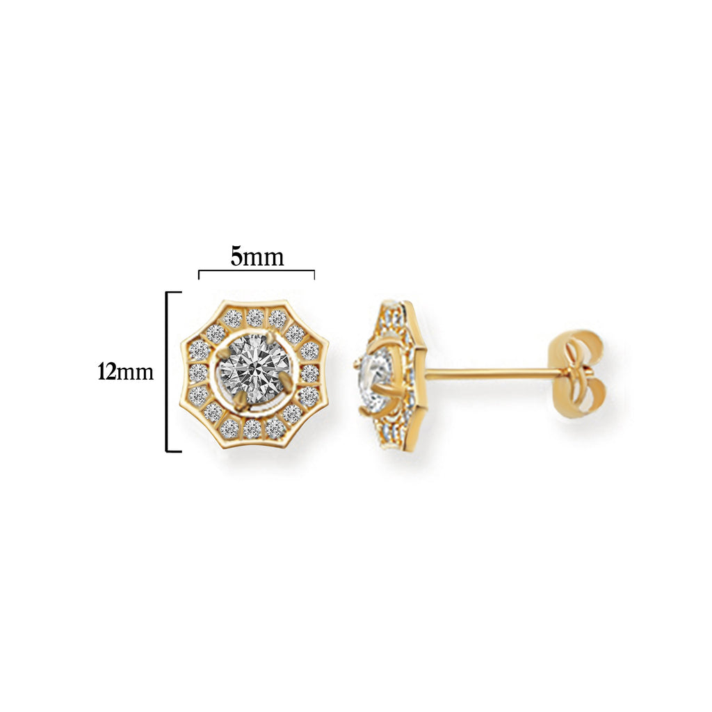 9ct Gold Hexagon Stud Earrings with Cubic Zirconia- Hypoallergenic 9ct Gold Jewellery for Ladies - 8mm * 7mm