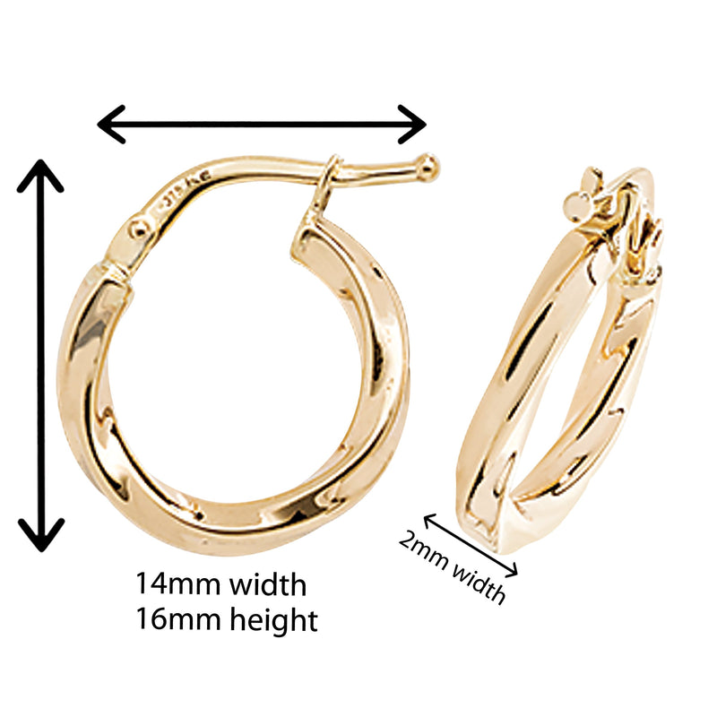 9ct Gold Twist Hoop Earrings. 16mm*14mm. Hypoallergenic 9ct Gold Jewellery for women.