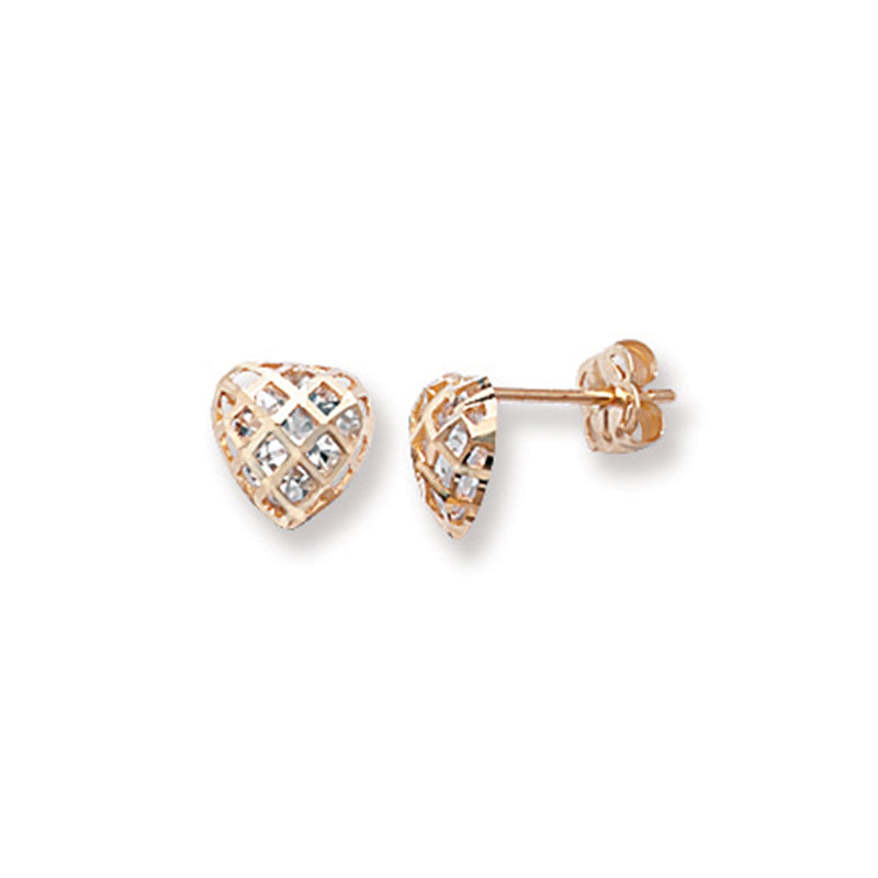 9ct Gold Heart Lattice Stud Earrings with Cubic Zirconia - Hypoallergenic 9ct Gold Jewellery for Ladies -  7mm * 7mm