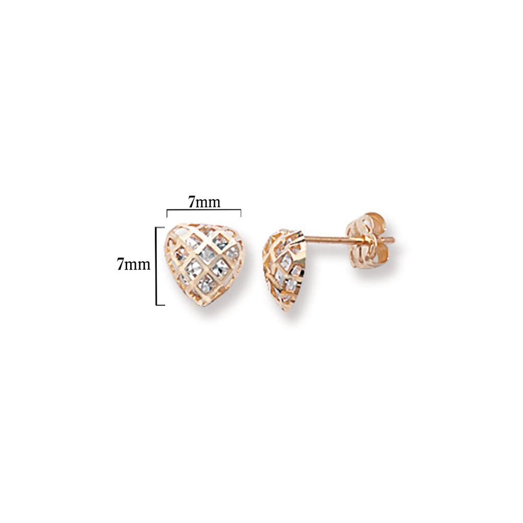 9ct Gold Heart Lattice Stud Earrings with Cubic Zirconia - Hypoallergenic 9ct Gold Jewellery for Ladies -  7mm * 7mm