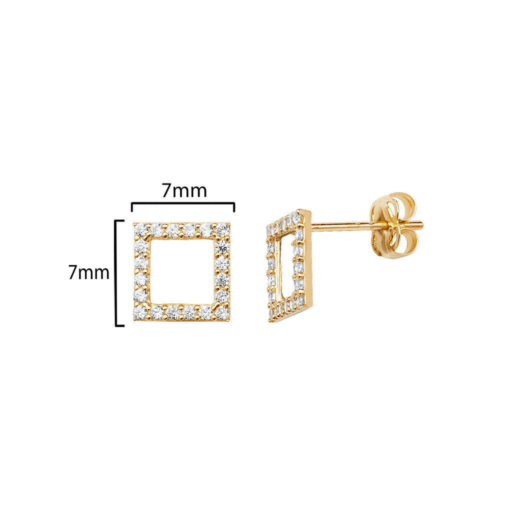 9ct Gold Open Square Stud Earring  - Hypoallergenic 9ct Gold Jewellery for Ladies - 7mm * 7mm