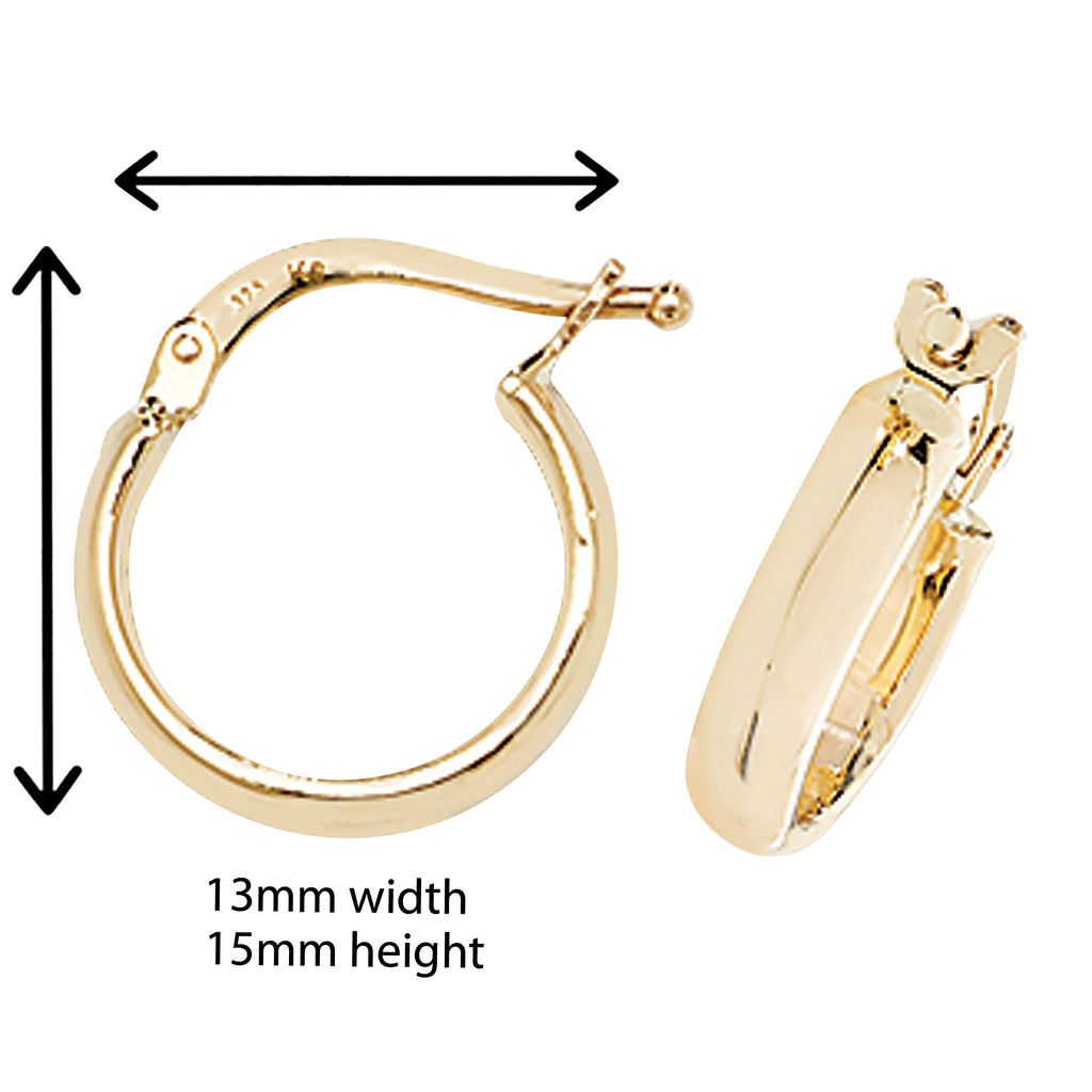 9ct Gold Hoop Earrings. 15mm*13mm.  Hypoallergenic 9ct Gold Jewellery for women..