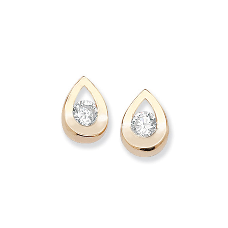 9ct Gold Teardrop Drop Earrings with White Cubic Zirconia - Hypoallergenic 9ct Gold Jewellery for Ladies  - 13mm * 9mm