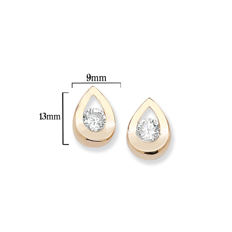 9ct Gold Teardrop Drop Earrings with White Cubic Zirconia - Hypoallergenic 9ct Gold Jewellery for Ladies  - 13mm * 9mm