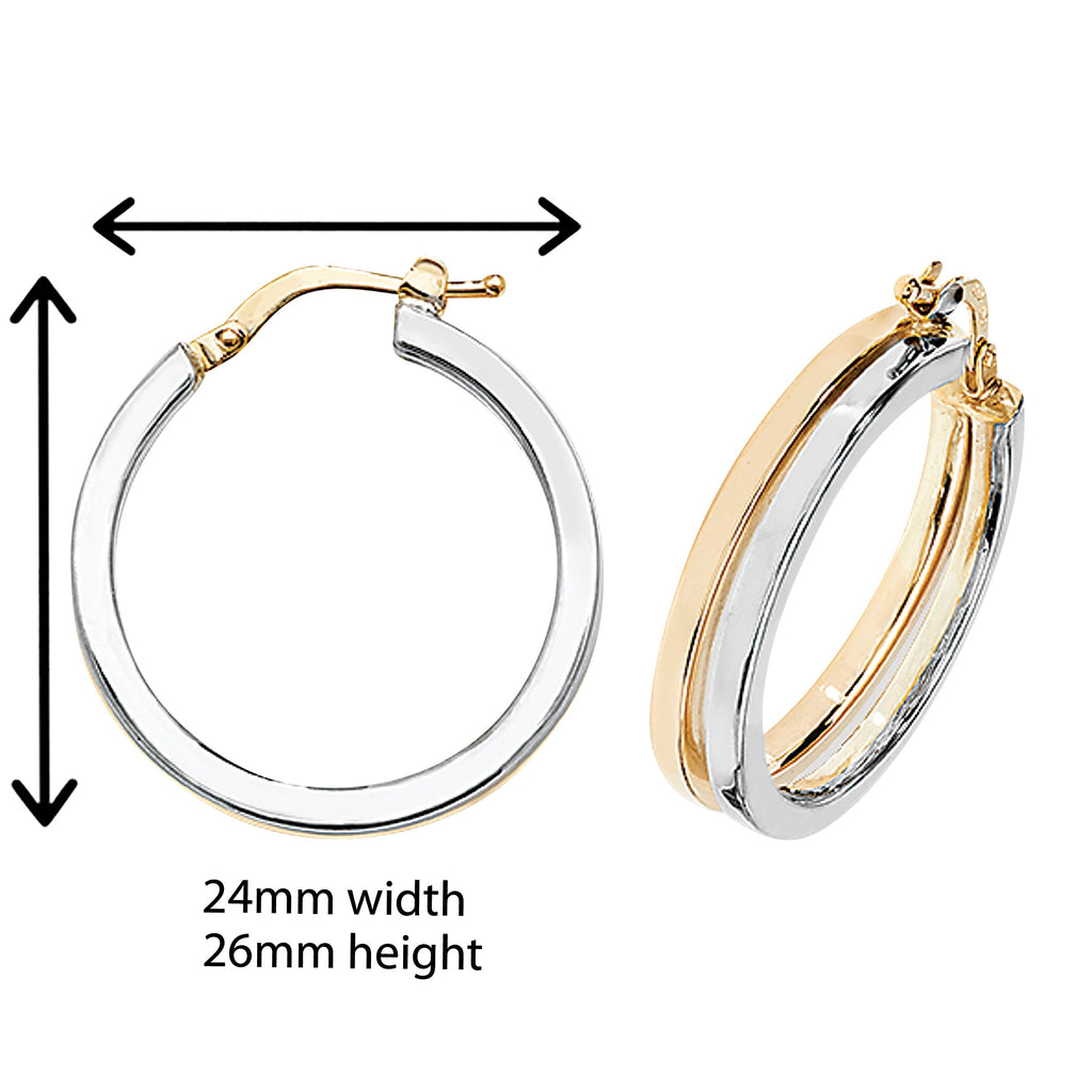 9ct Gold Two Tone Double Style Hoop Earrings. 26mm*24mm. Hypoallergenic 9ct Gold Jewellery for women.