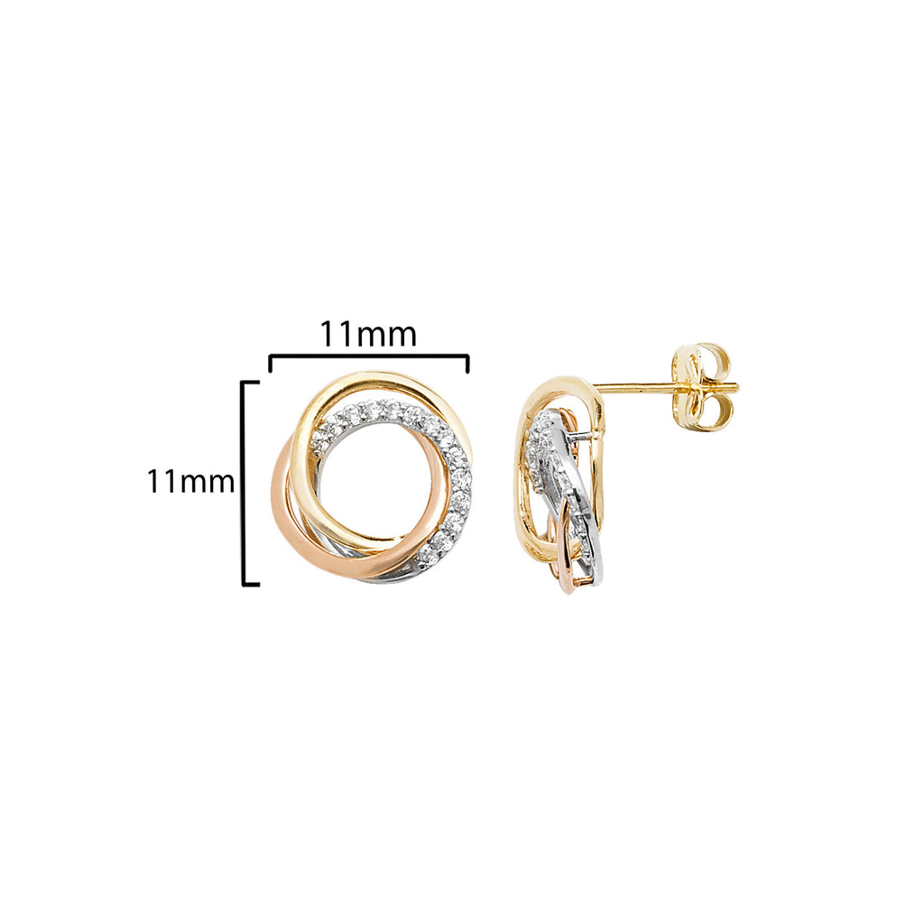 9ct Gold Two-Tone Interlocking Circle Stud Earrings  - Hypoallergenic 9ct Gold Jewellery for Ladies - 11mm * 11mm
