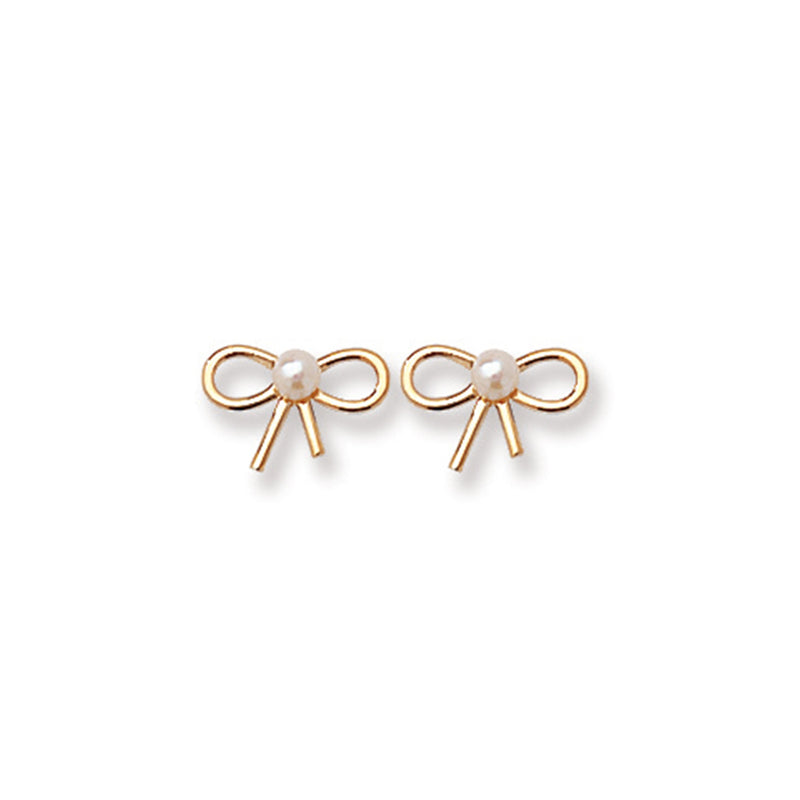 9ct Gold Bow Stud Earrings with Synthetic Pearls - Hypoallergenic 9ct Gold Jewellery for Ladies - 7mm * 10mm