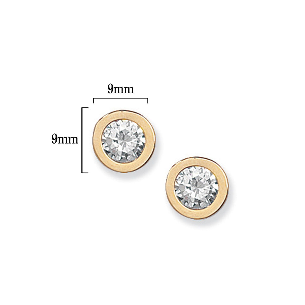 9ct Gold Rub Over Earring with Cubic Zirconia - Hypoallergenic 9ct Gold Jewellery for Ladies - 9mm * 9mm