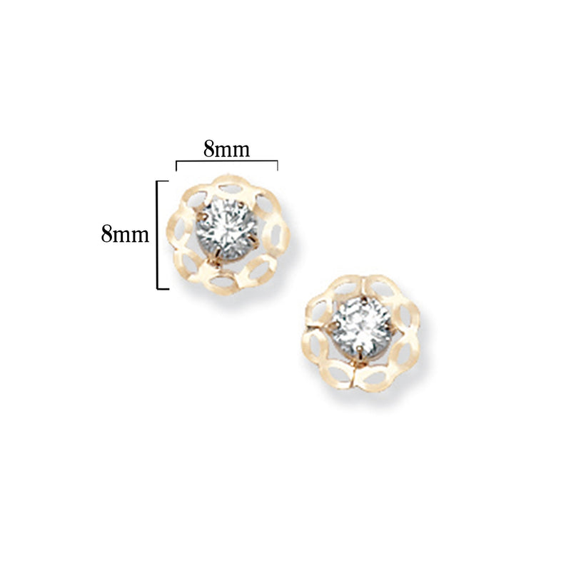 9ct Gold Flower Stud Earrings with Cubic Zirconia - Hypoallergenic 9ct Gold Jewellery for Ladies - 8mm * 8mm