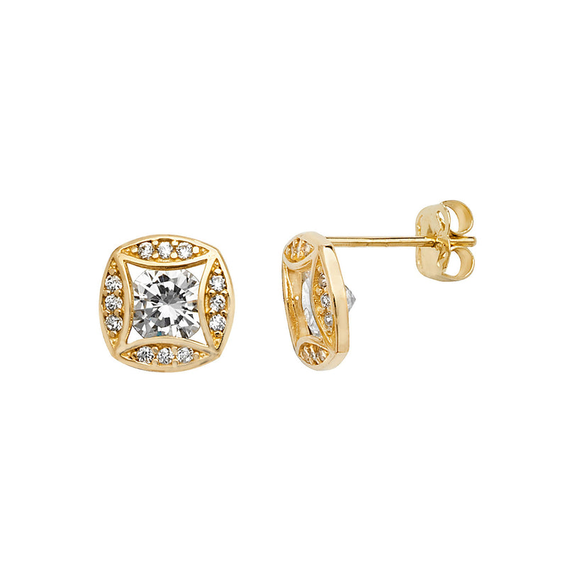 9ct Gold Stud Earrings with Cubic Zirconia  - Hypoallergenic 9ct Gold Jewellery for Ladies - 9mm * 8mm