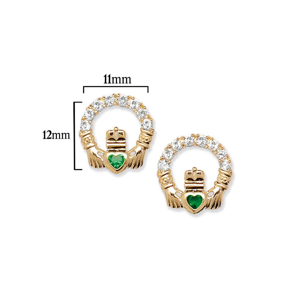 9ct Gold Claddagh Stud Earrings with Green Hearts - Hypoallergenic  Jewellery for Women and Girls - 12mm * 11mm