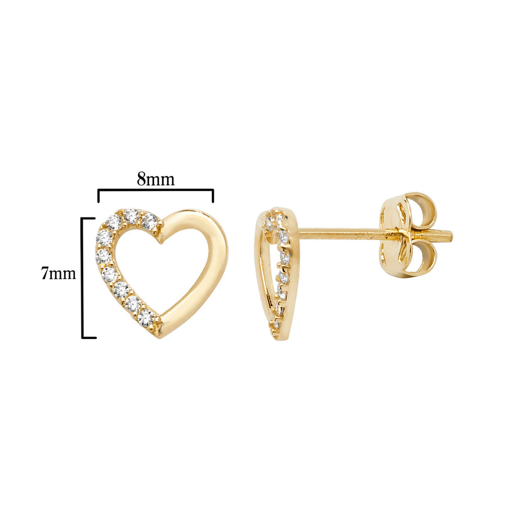 9ct Gold Open Heart Stud Earrings with Cubic Zirconia - Hypoallergenic 9ct Gold Jewellery for Ladies - 7mm * 8mm