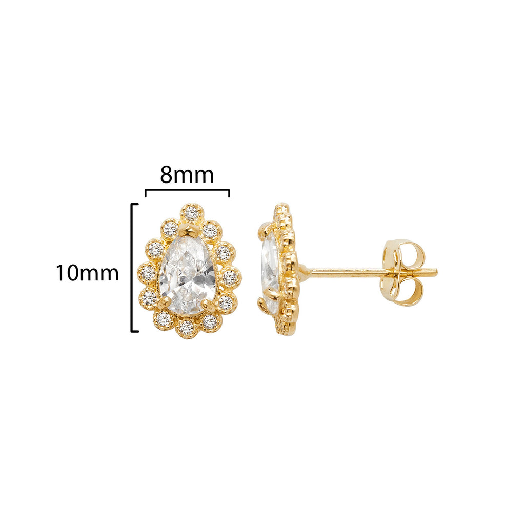 9ct Gold Pear-Shaped Floral Stud Earrings  - Hypoallergenic 9ct Gold Jewellery for Ladies by Aeon- 10mm * 8mm