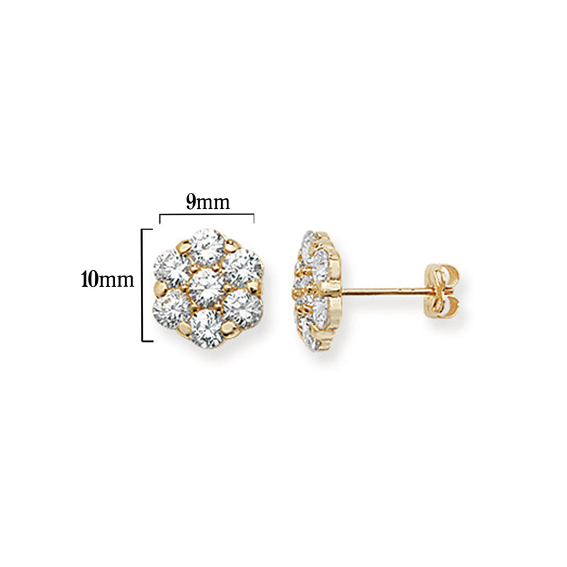 9ct Gold Flower Stud Earrings with Cubic Zirconia - Hypoallergenic 9ct Gold Jewellery for Ladies - 10mm * 9mm