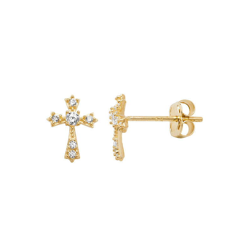 9ct Gold Cross Stud Earrings with Cubic Zirconia - Hypoallergenic 9ct Gold Jewellery for Ladies - 9mm * 6mm