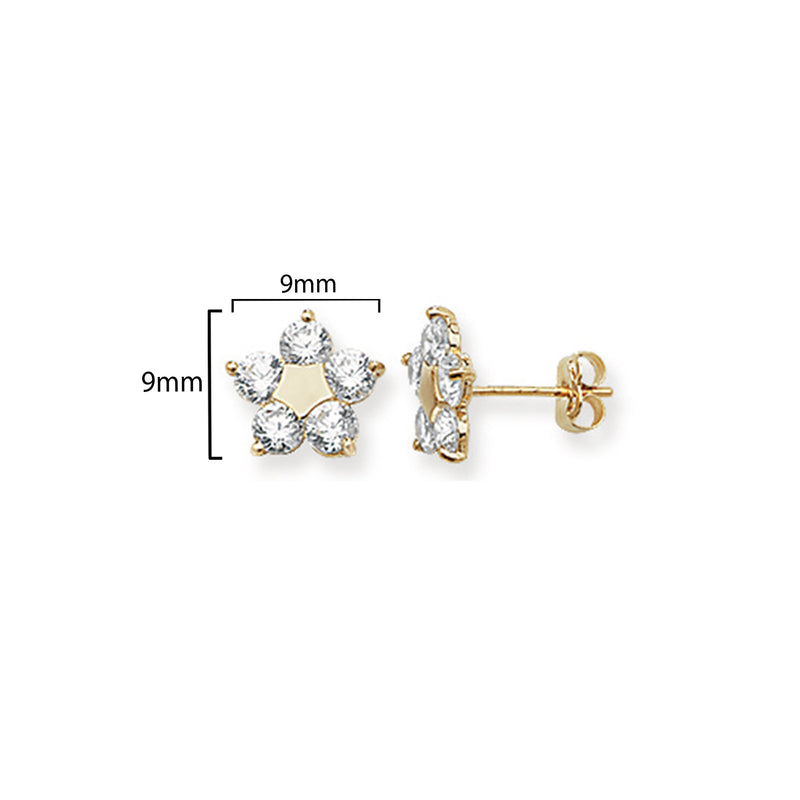 9ct Gold Star Stud Earrings with Cubic Zirconia - Hypoallergenic 9ct Gold Jewellery for Ladies - 9mm * 9mm