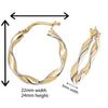 9ct Gold Two Tone Twisted Oval Hoop Earrings.  24mm * 22mm.  Hypoallergenic 9ct Gold Jewellery for women.