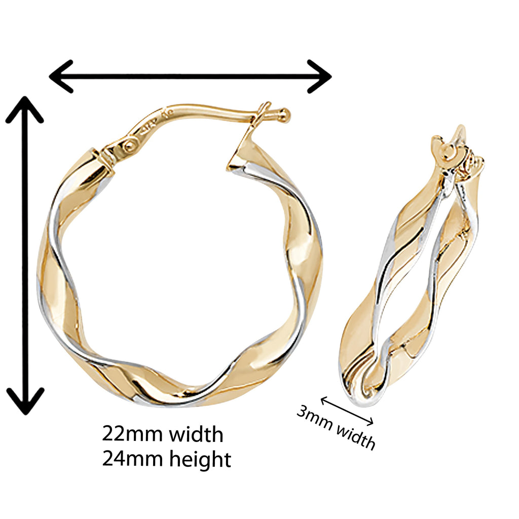 9ct Gold Two Tone Twisted Oval Hoop Earrings.  24mm * 22mm.  Hypoallergenic 9ct Gold Jewellery for women.